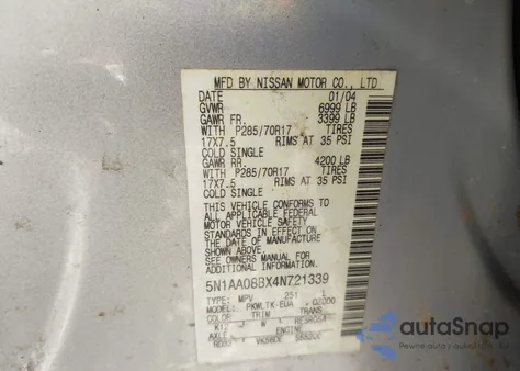 2004 Nissan Pathfinder Armada Se Off-Road from USA, damaged, VIN 5N1AA08BX4N721339